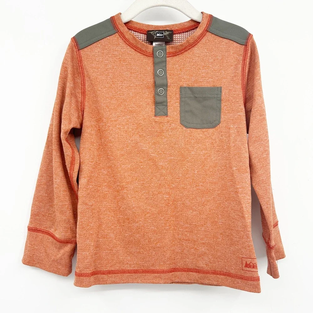 REI Toddler Boys Long Sleeve Snap Front Henley Outdoor Shirt Size 4T‎ Orange